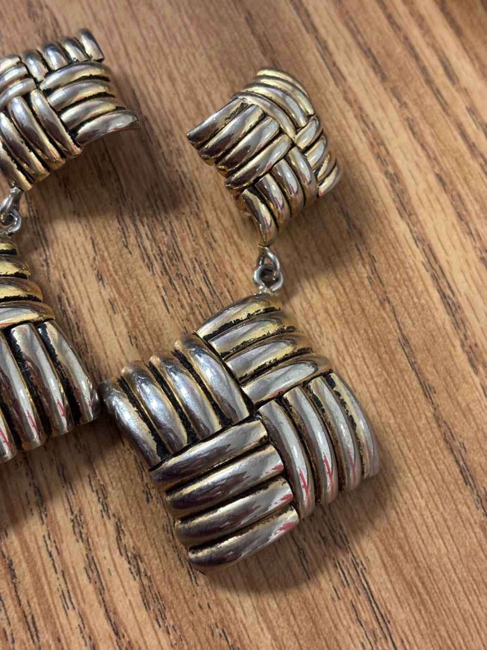 Vintage Woven Metallic Drop Earrings - Silver and Gold Tone